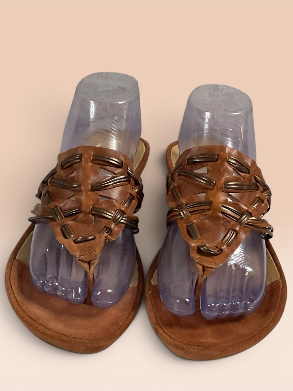 Clarks Artisan Women's Brown Leather Woven Toe-Post Wedge Sandals Size 10M